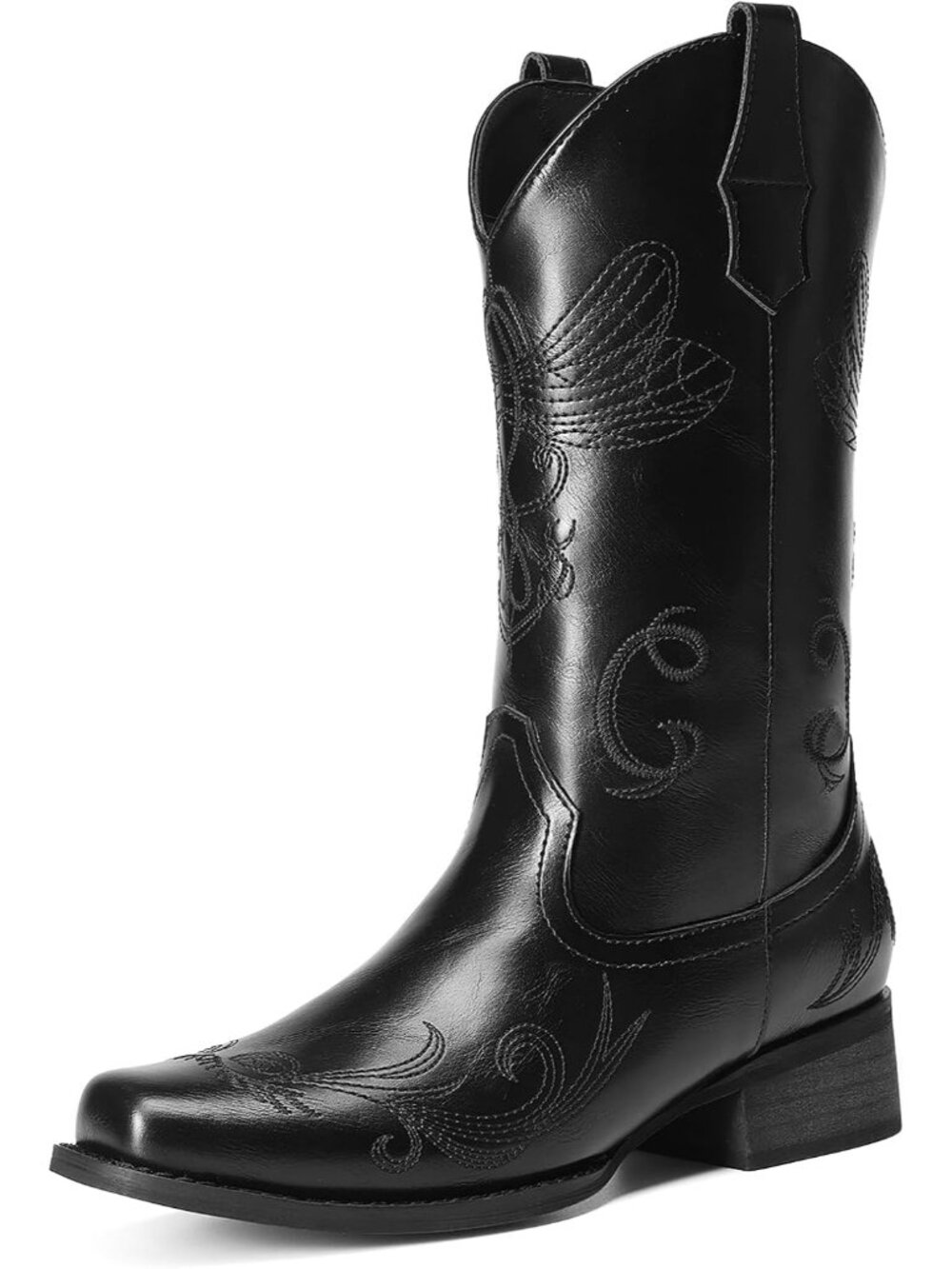 Women’s All Black Mid Calf Cowboy Boots Embroidered Stitched Square Toe Western